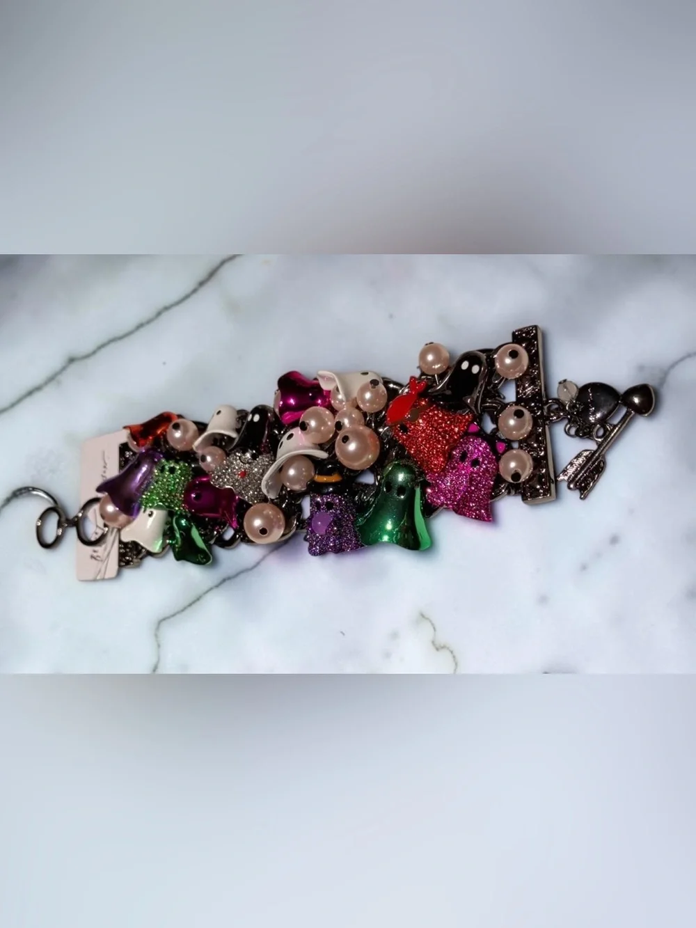 BETSEY JOHNSON Halloween Shiny Costumed Ghosts Statement Charm Bracelet NEW NWT